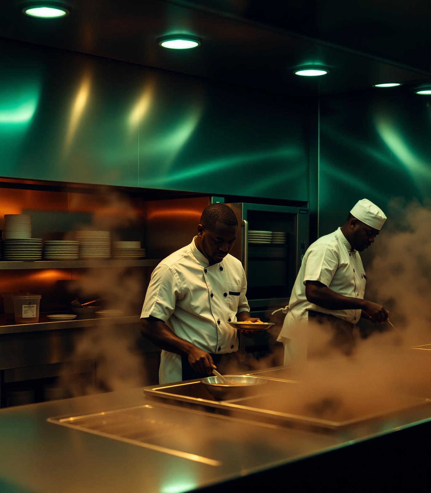 Chefs preparing service in a WCSS-Global production kitchen