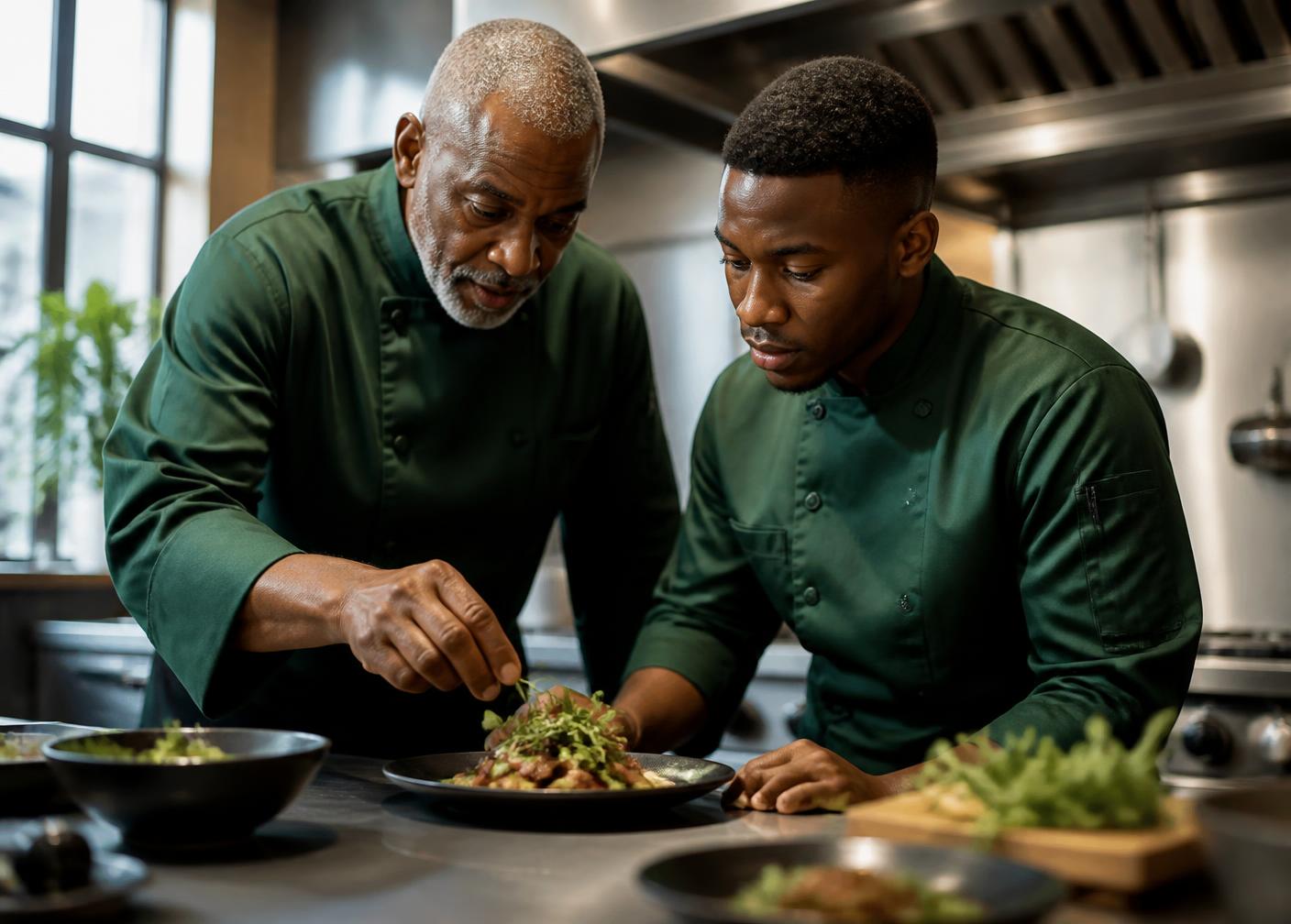 A senior chef coaching a trainee in a professional kitchen