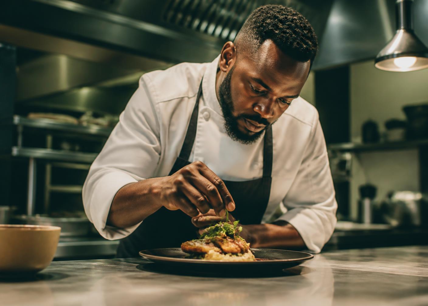 WCSS-Global executive chef plating a dish in a professional kitchen