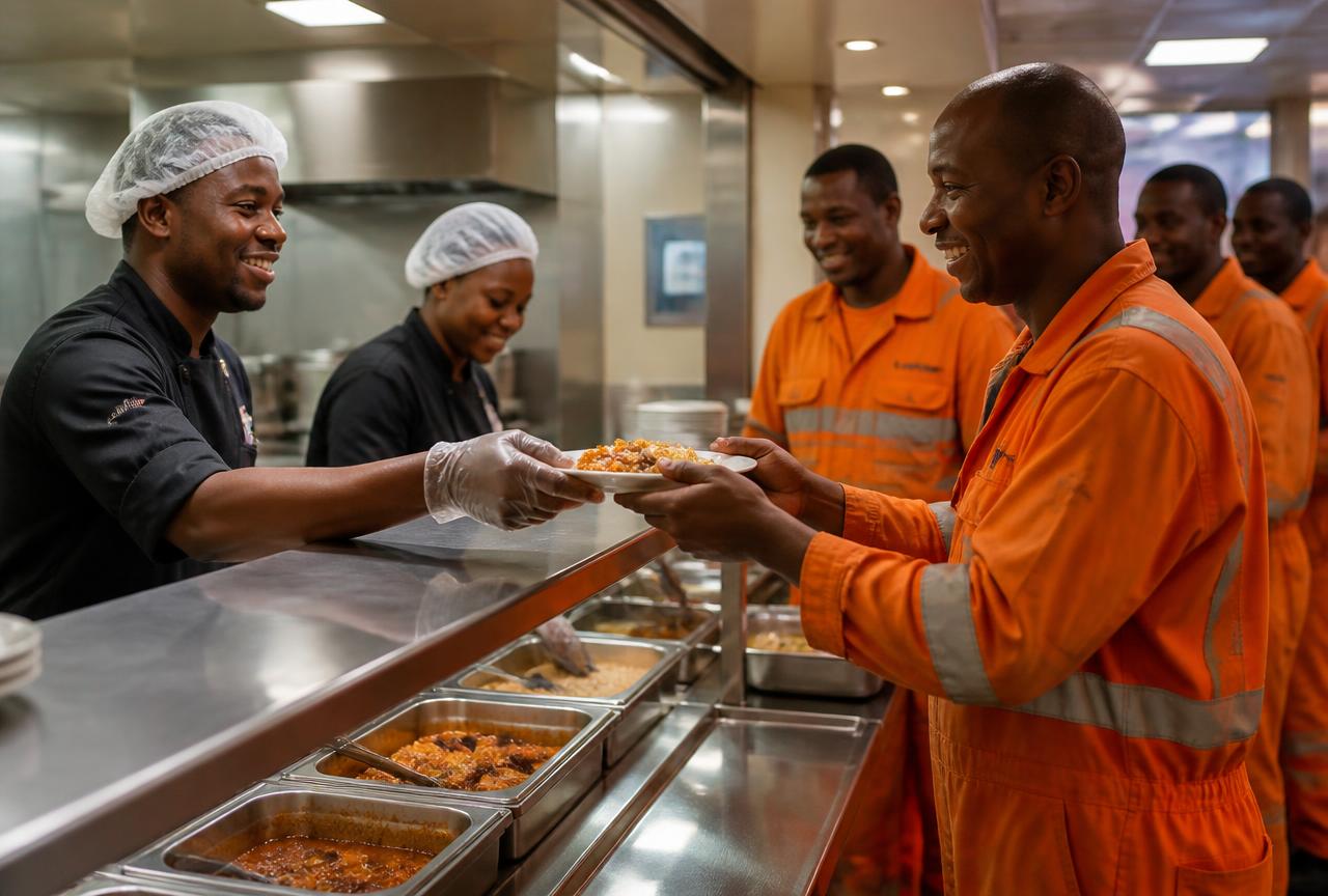 Crew being served hot meals in an offshore galley