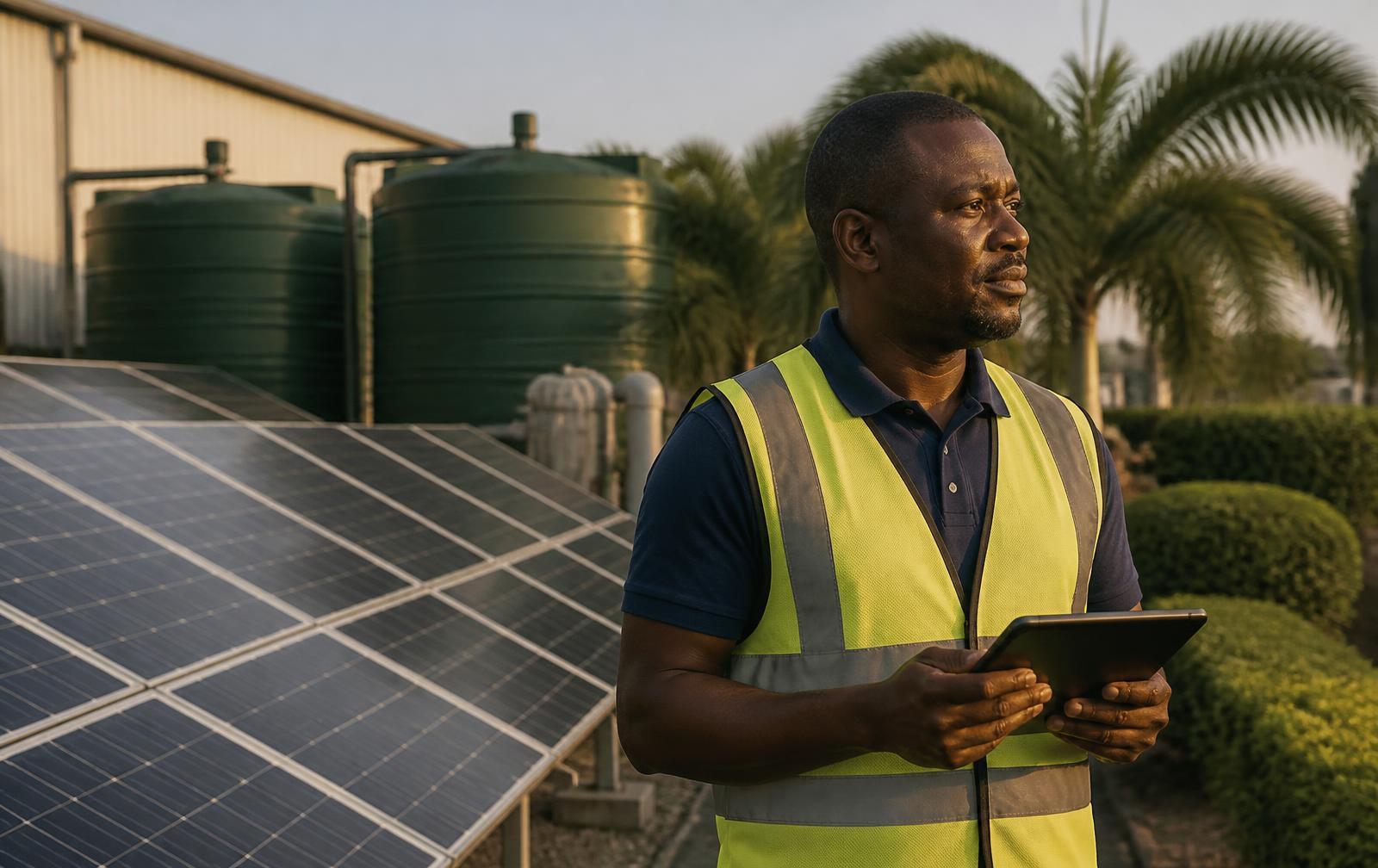 WCSS site manager reviewing solar and water systems at a client facility