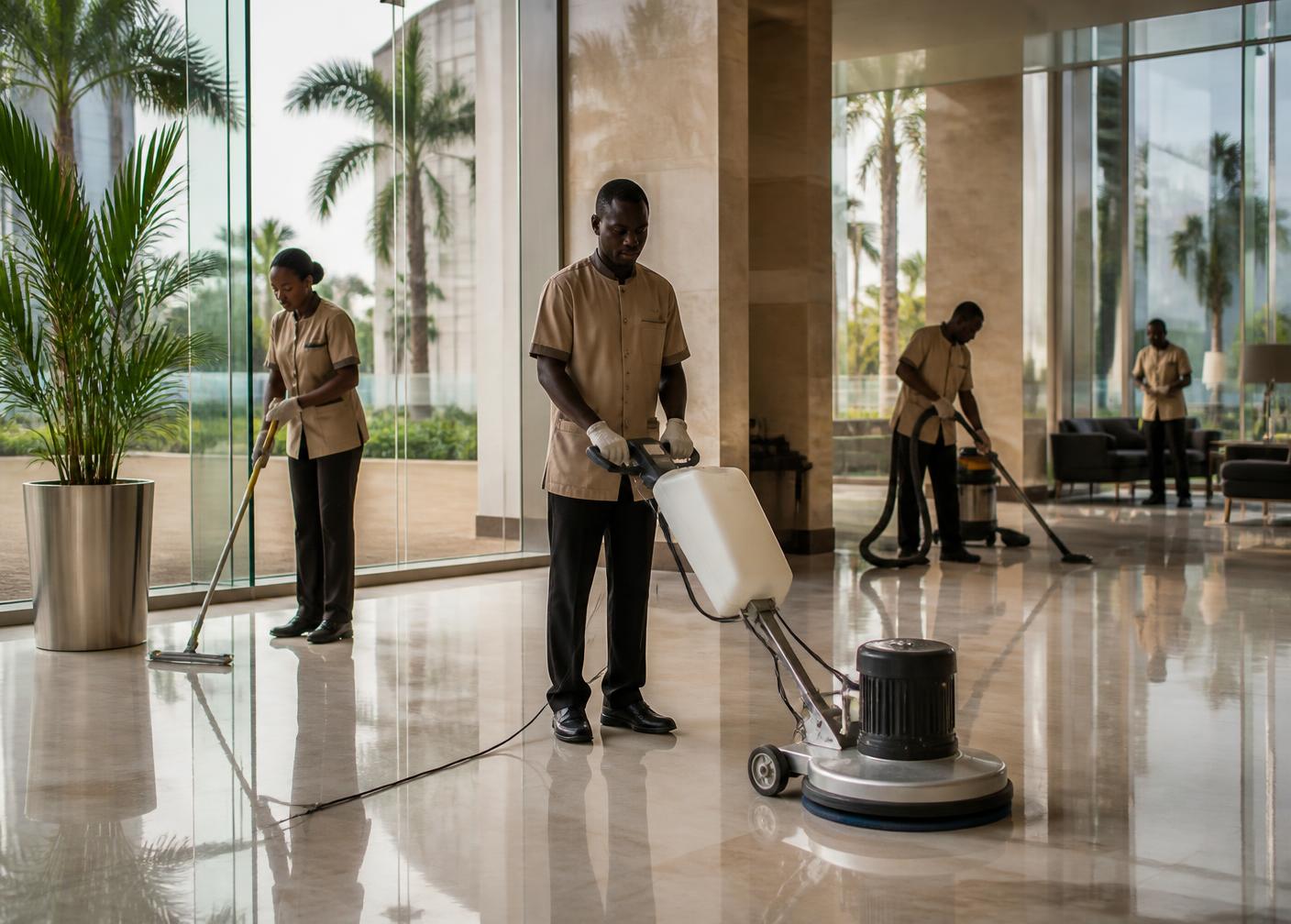 Housekeeping team maintaining a corporate lobby floor