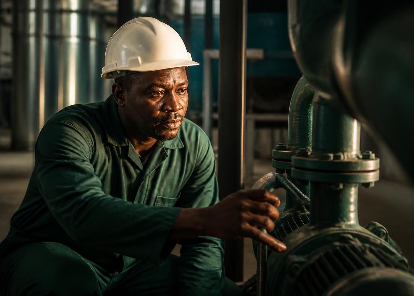 WCSS-Global maintenance technician inspecting plant equipment on site