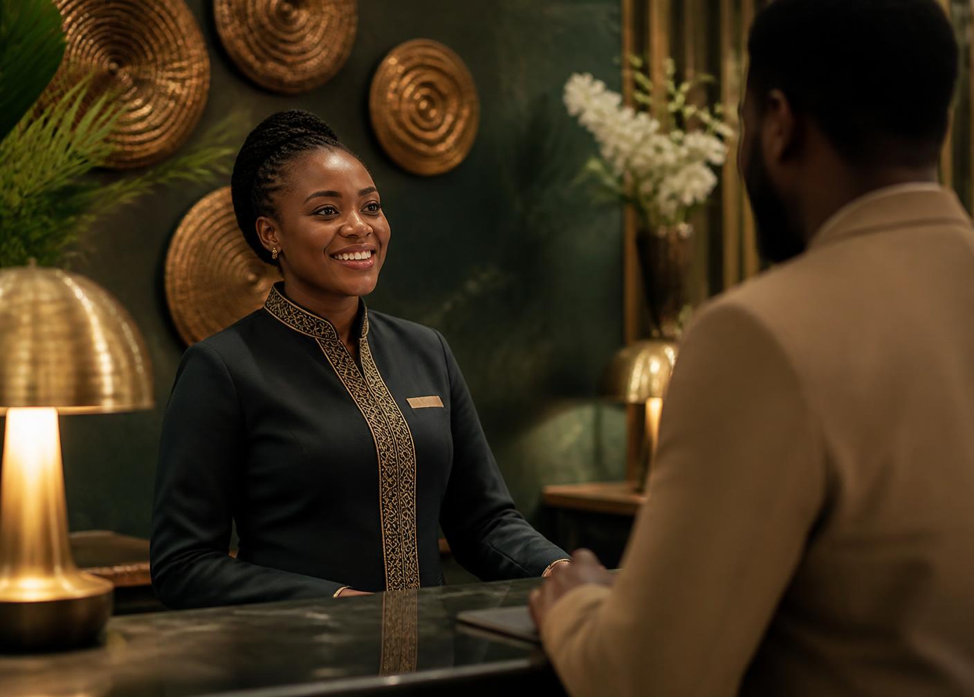 WCSS-Global front desk host welcoming a guest in a premium lobby