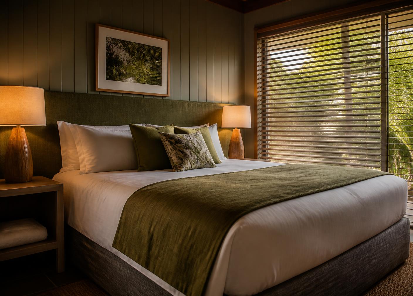 Guest room prepared to standard with fresh linen and warm lighting