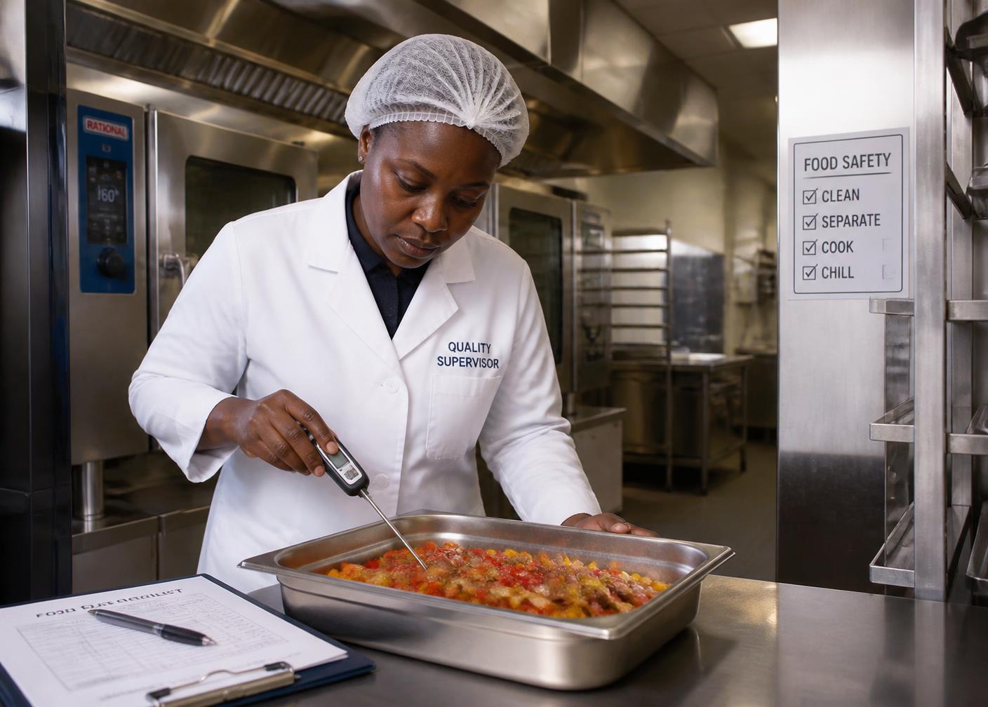 Quality supervisor probing food temperature in an industrial kitchen