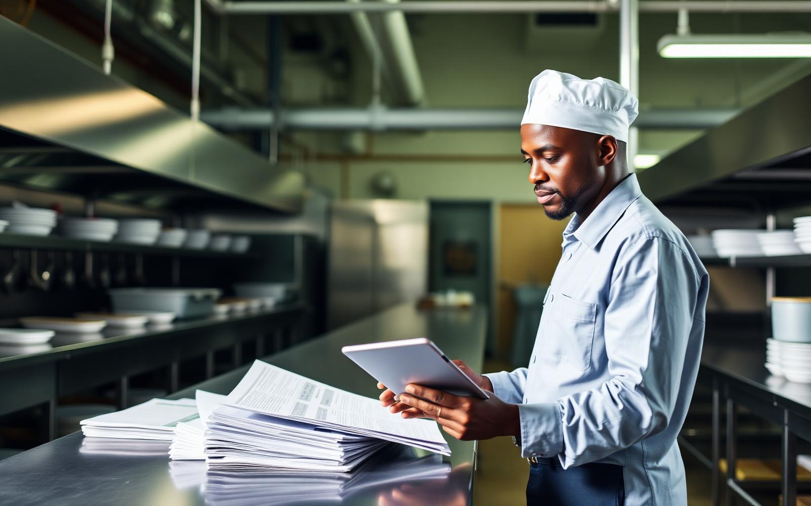 Operations manager reviewing site reports in a commercial kitchen