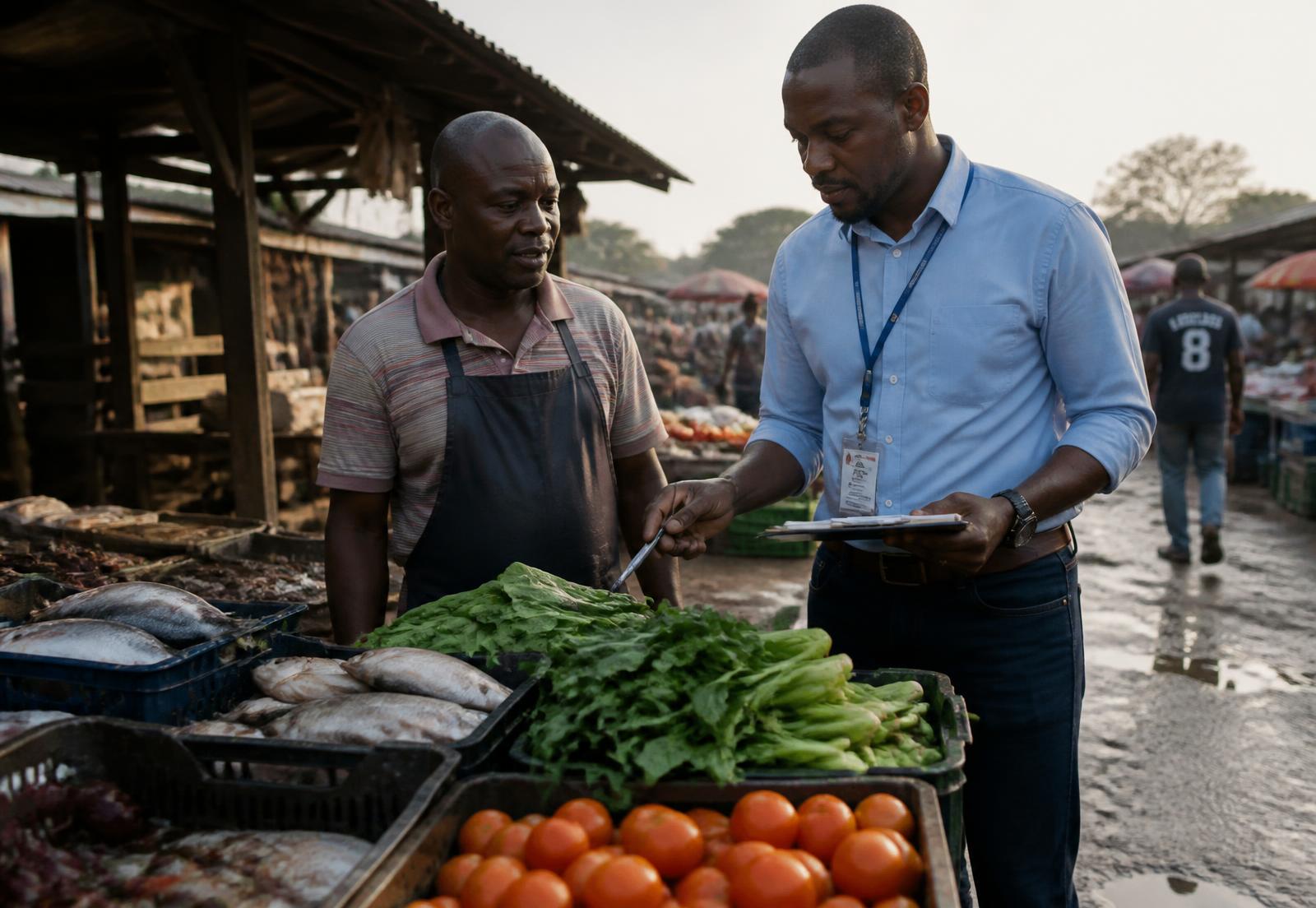 Procurement officer inspecting fresh produce with a local supplier