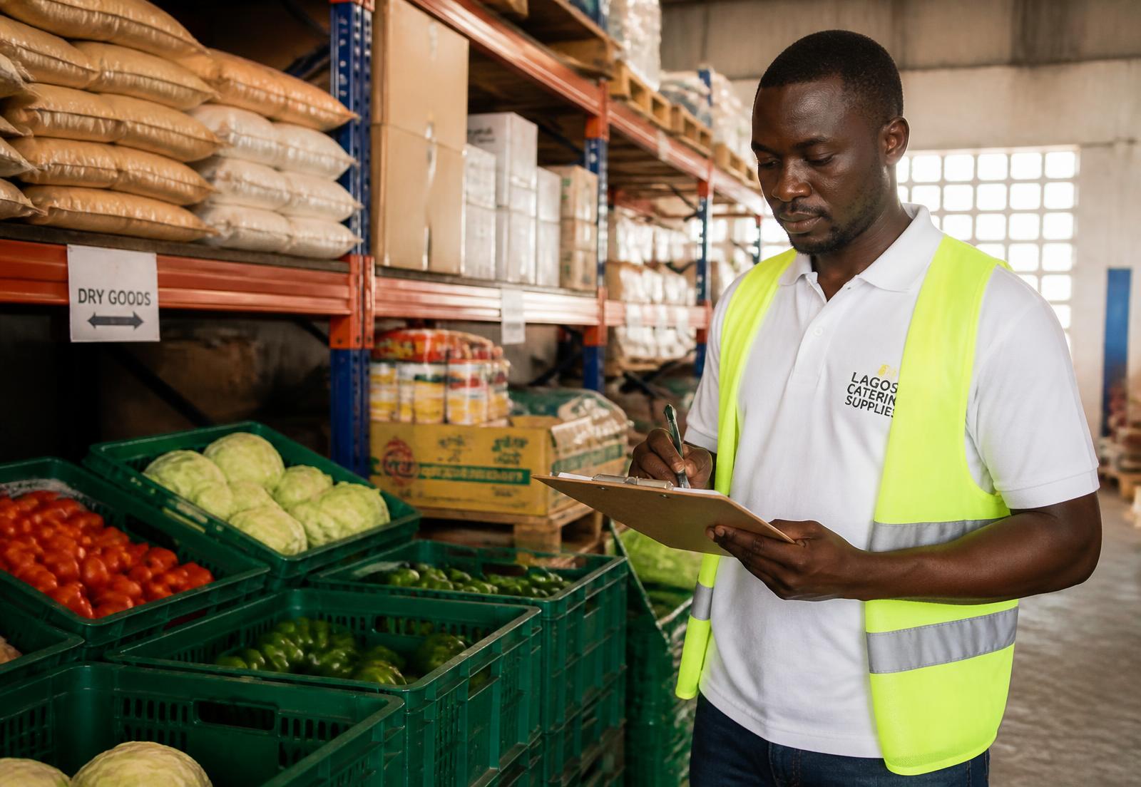 WCSS-Global storekeeper checking stock in a catering supply warehouse