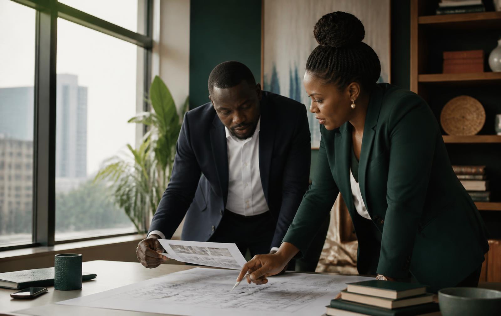 Two WCSS-Global managers reviewing a client proposal in the Lagos office
