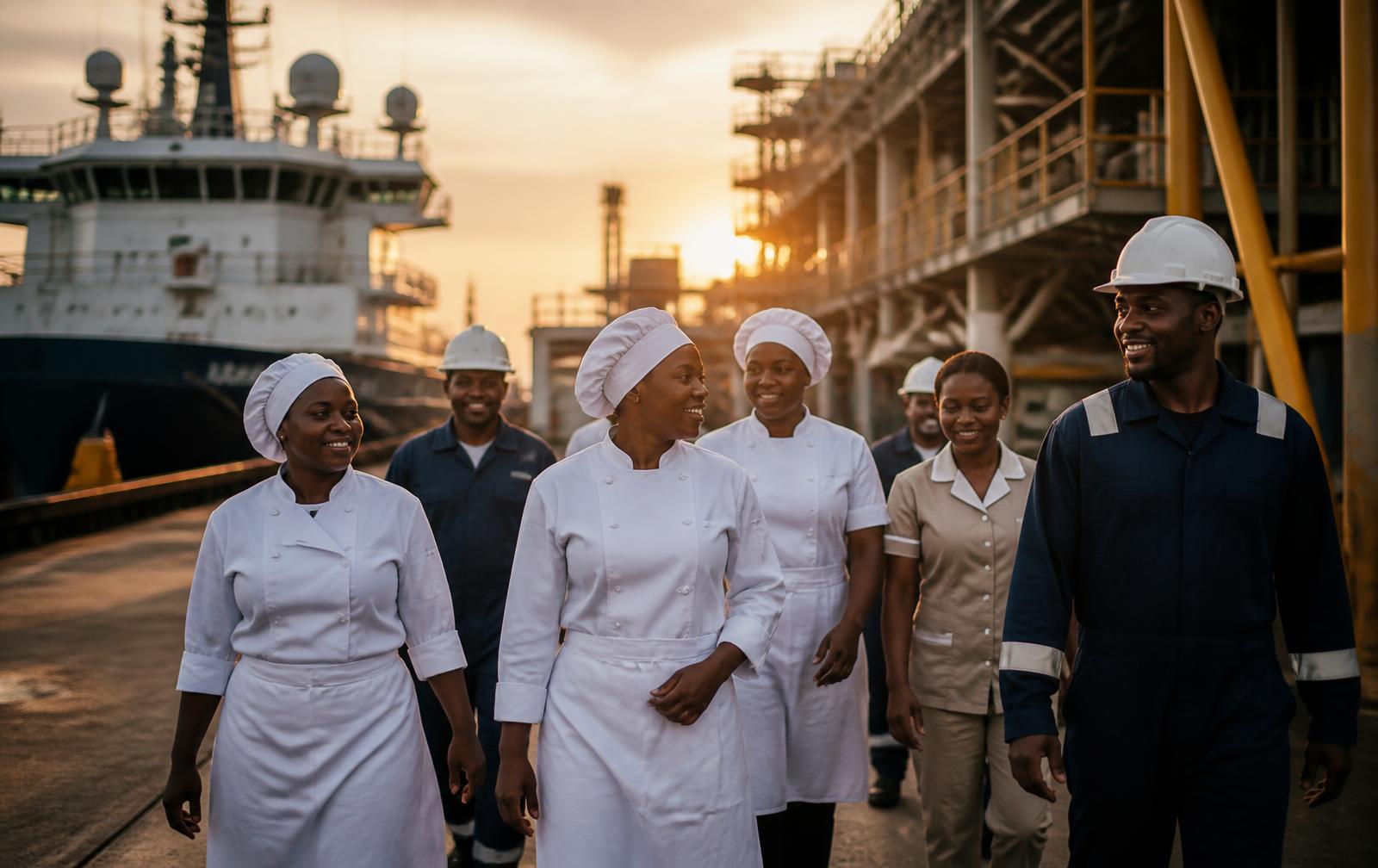 WCSS-Global catering and facility team walking together at an industrial terminal at sunrise