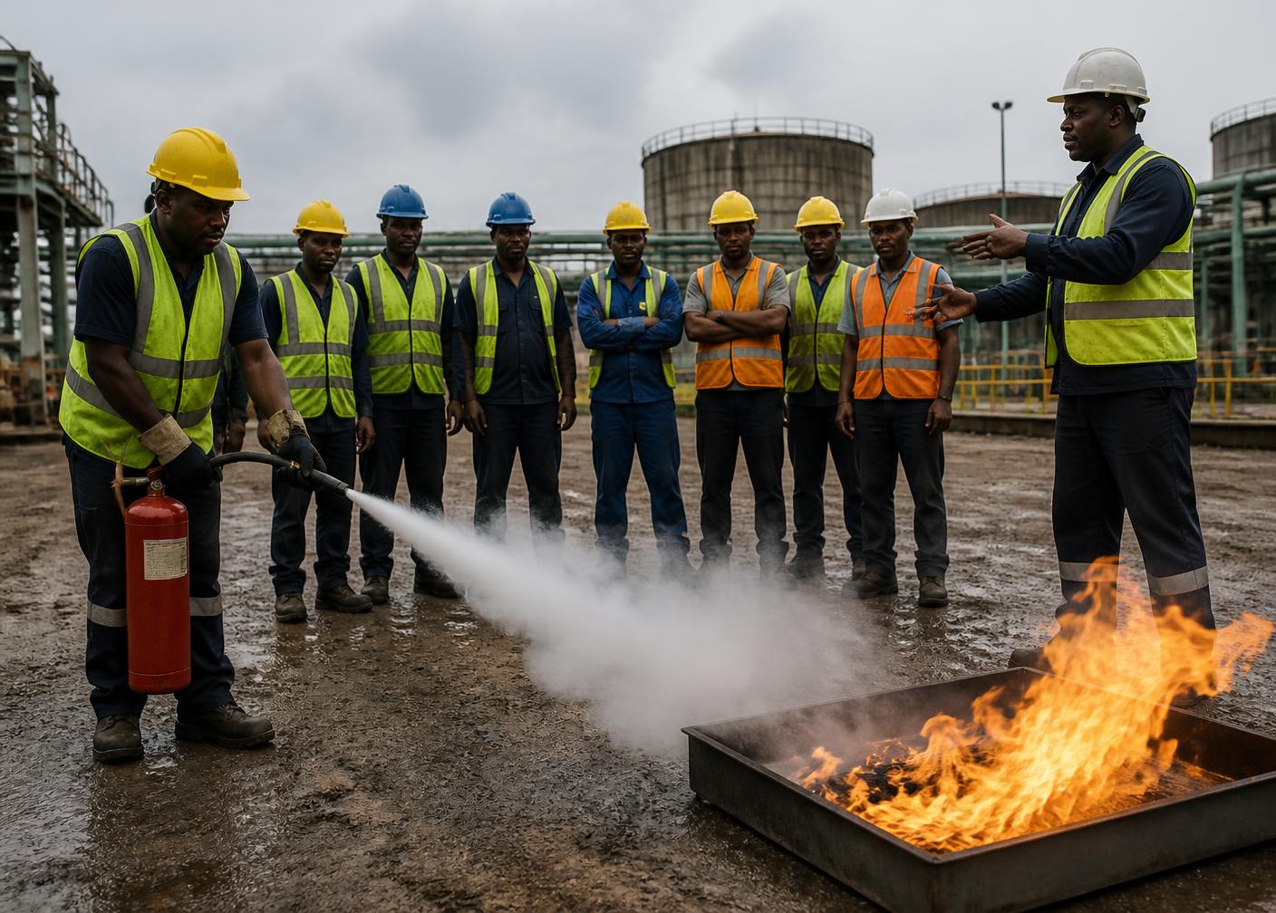 Practical fire safety drill during on-site HSE training